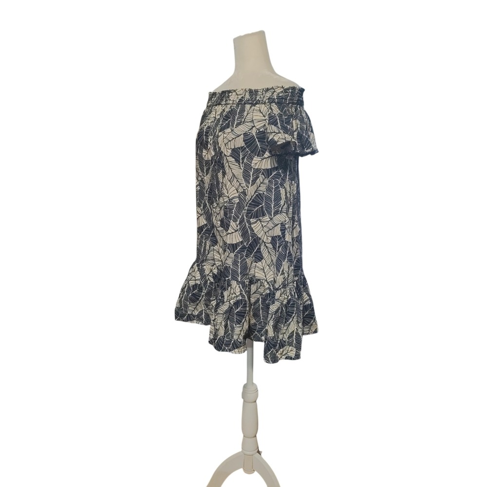Marine Layer Shirley Navy Blue White Palm Leaf Off Shoulder Ruffle Mini Dress M - Picture 4 of 16